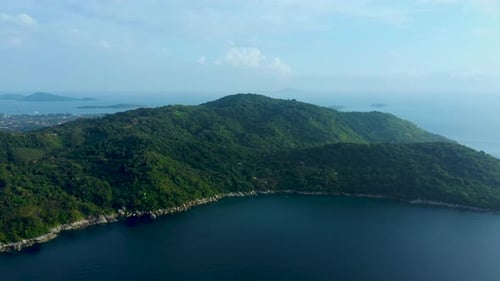 Aerial panorama of tropical resort territory and beach, beautiful Andaman sea at west coast of Phuke