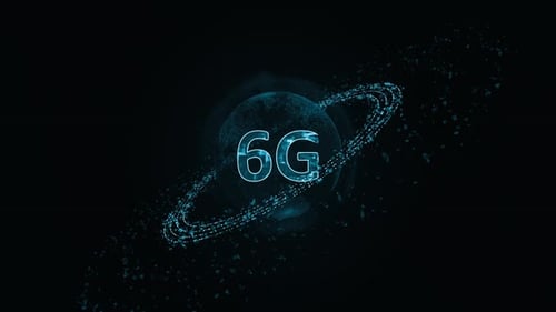 Blauer digitaler 6G-Buchstabe mit Partikelring, Kreisrotation und Erdkugel mit KI-Technologie-Symbolen