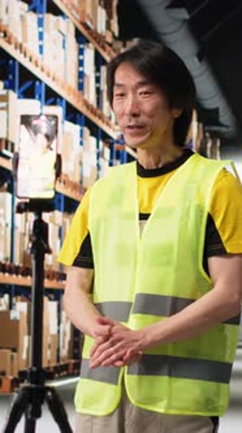 Man Speaking in Front of Phone at Warehouse