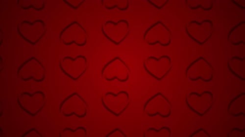 Rotes Herz, rotiert auf dunkelrotem Hintergrund. Viele sich bewegende Herzformen auf dem Bildschirm, Animationshintergrund