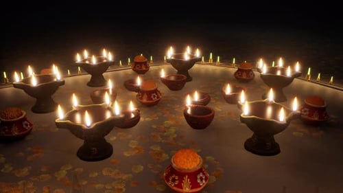 Diwali Festival Lights And Traditional Diyas On Floor