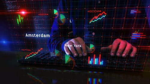 Stock exchange in the world charts graphs display with man typing keyboard