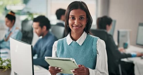 Happy woman, face and coordinator with tablet in agency for company management in office