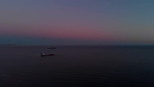 Aerial View of a Tanker Moving or Parked at Sea at Night