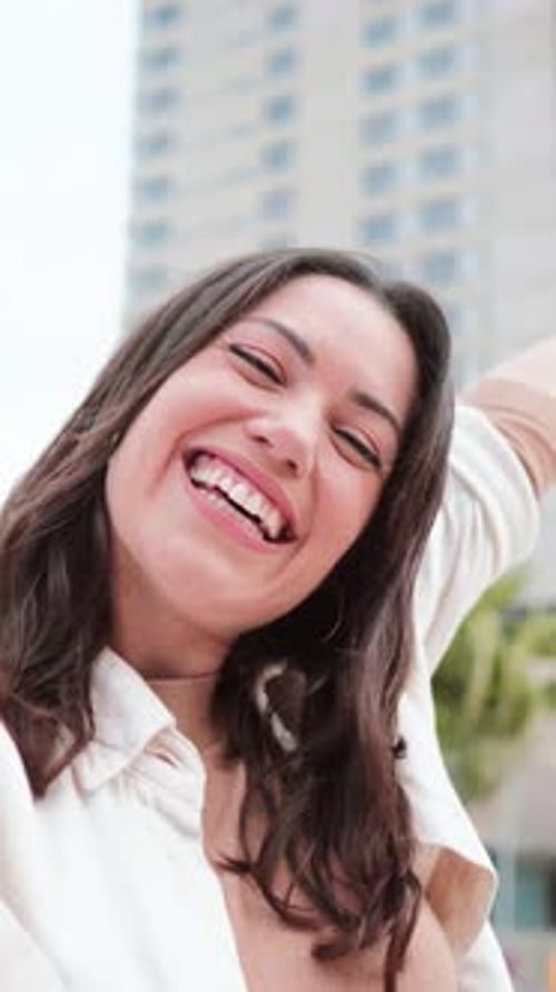 Vertical Individual Close Up Portrait of Pretty Young Female with Big Smile Having Fun Taking