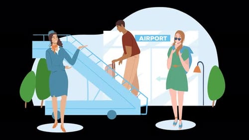 Airport scene with a flight attendant and travelers