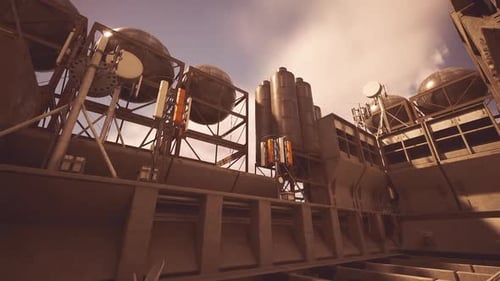 Estructura industrial con grandes silos y maquinaria bajo un cielo nublado