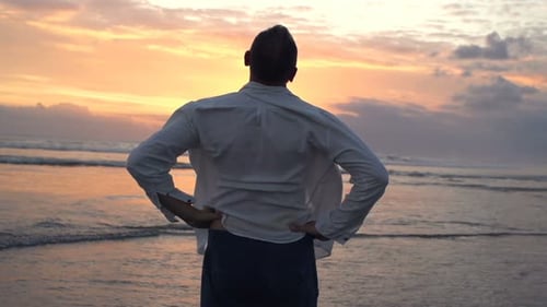 Man Admire Sunset on Beach Near Sea, Super 240