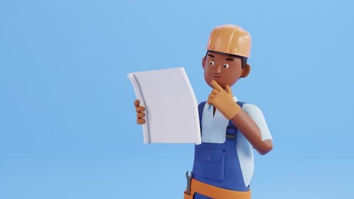 Builder-Charakteranimation. Baustellenarbeiter, Handwerker, der einen Bauplan hält und analysiert