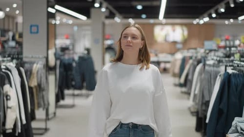 Shopper Walking Through Fashion Store Observing Clothing Displays