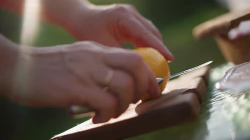 Soft Backlighting Highlights Lemon Slices in Tranquil Kitchen Scene Precisely Cut Lemon Wedges