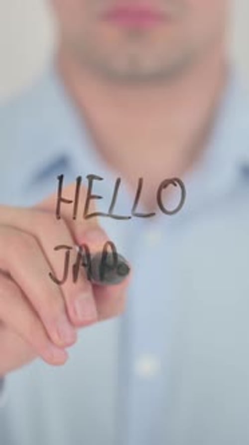 Hallo Japan, Vertikaler Videomann, der auf dem Bildschirm schreibt