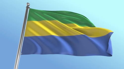 Gabon National Flag Waving Seamlessly on Flagpole against Blue Sky
