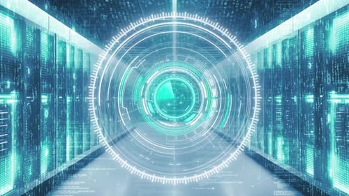 Efectos HUD futuristas sobre el fondo de la sala de servidores del centro de datos con el concepto de computación en la nube