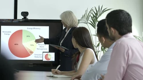 Businesswoman Presents Data to Colleagues in a Meeting