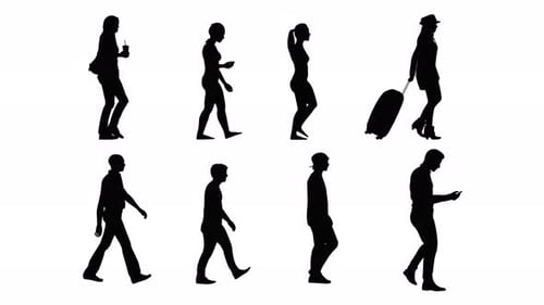 4K alpha channel,silhouette group of people walking isolated graphics