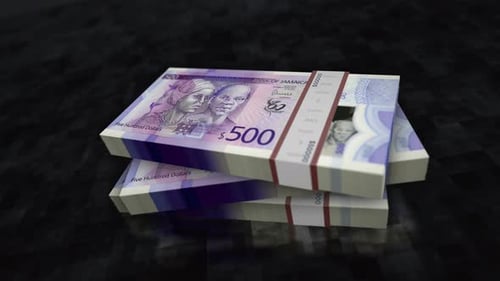 Pacotes de pilhas de notas de dinheiro em dólares jamaicanos