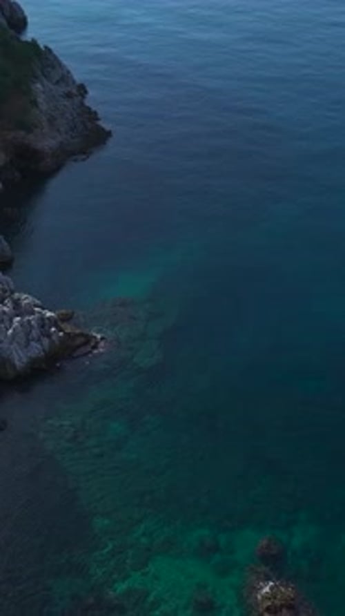 Vertical Video of a Scenic Stone Beach With Gentle Waves and a Dense Green Forest in the Background