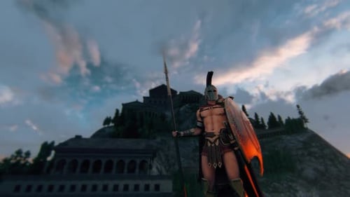 Ancient Spartan Warrior with Spear and Glowing Shield