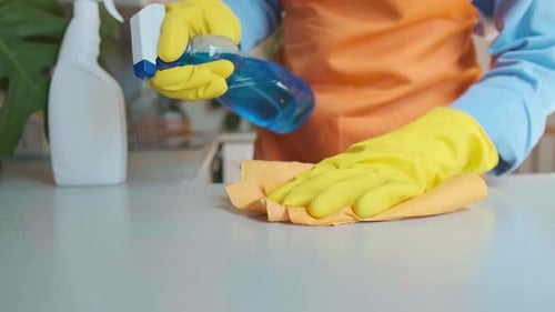 Cleaning specialist stands in the kitchen holding everything for cleaning in one place: cleaning pro