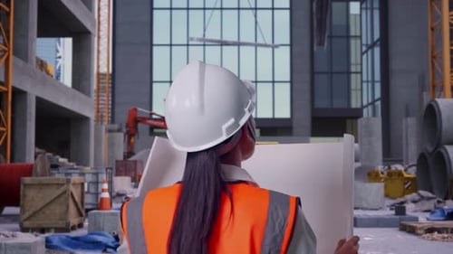 Asian Female Looking At Blueprint In His Hands While Walking at Construction Site