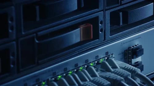 Macro Shot: Ethernet Data Cables Connected to Router Ports with Blinking Lights. Telecommunications