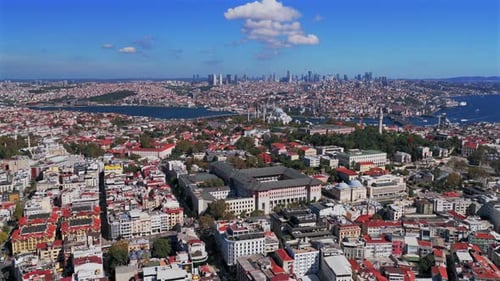 Morning Fatih Istanbul Turkey Türkiye aerial drone cityscape harbor view Golden Horn Blue Mosque tem