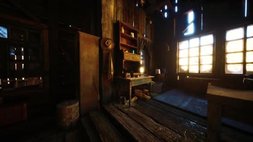 Rustic Farmhouse Interior with Sunlight Through Window Panes