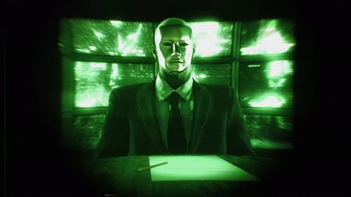 Retro Glitch Surveillance Scan Revealing a Metallic Figure