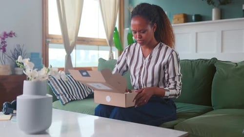 Woman Disappointed with Delivery Box in Home