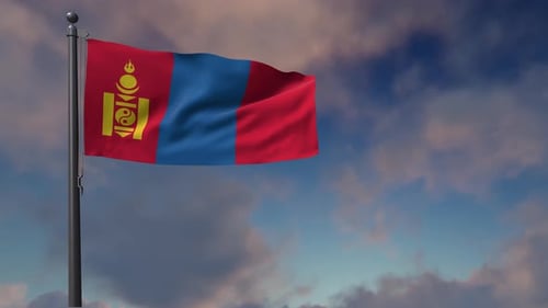 Mongolia Flag Waving Animation Against Cloudy Sky