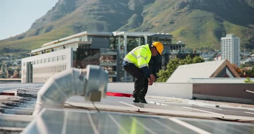 Solar panel, inspection and man on roof with tools, clean energy and service on power system