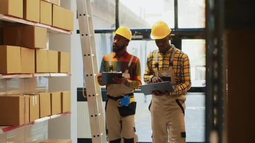Team of Men Checking Supplies and Cargo in Depot