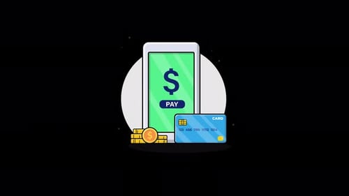 Telefon mit Bankkarte und Goldmünze. Animationsvideo zum Pay-Money-Konzept — transparent