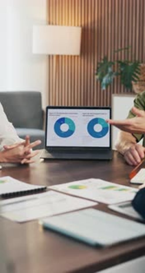Hands, screen and people with data on laptop for meeting, stats or growth chart of company