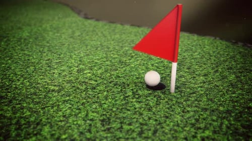 Erklärvideo zum Golfen, bei dem der Schläger auf den Ball trifft und ihn ins Loch rollt. Animiertes Spiel