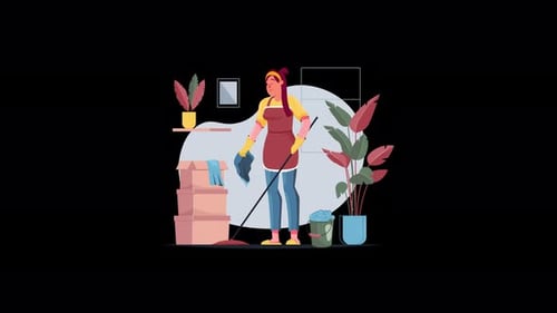 Animated Housekeeping Woman Cleaning in Flat Design Style