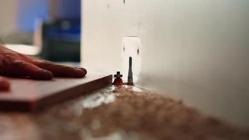 Woodworking with Router in Detailed Close Up View