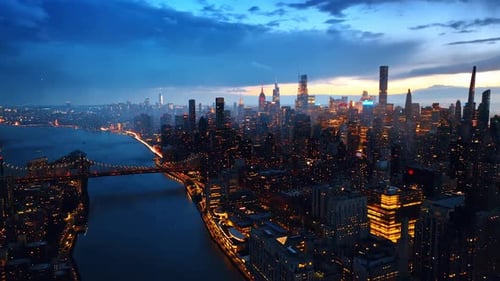 Rising over the night panorama of New York, USA. Twilight scenery of the city at storm.