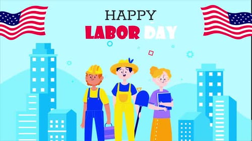 Happy Labor Day Flat Design Animation with Diverse Workers