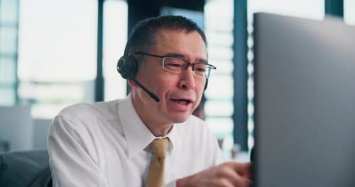 Call center, computer and consultant talking on microphone for customer service