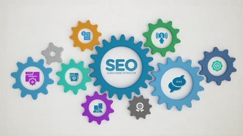 SEO Search Engine Optimization cogwheel loopable animation with icons