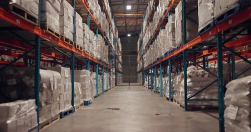 Warehouse, interior and stock on shelf for storage, freight or retail logistics at plant