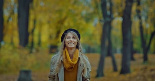 Beautiful Leaf Fall in Forest in Park Portrait of Woman Throwing Foliage Up Slow Motion Prores