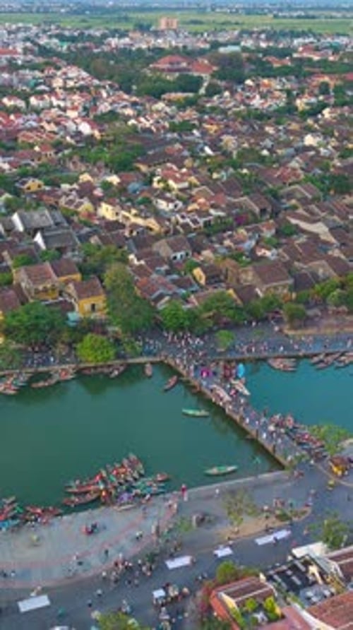 Hyperlapse, speed montion. Drone view of Hoi An Ancient Town at sunset