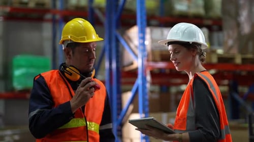 Warehouse Industrial and Logistics Companies. Dispatcher in uniform making inventory in storehouse.