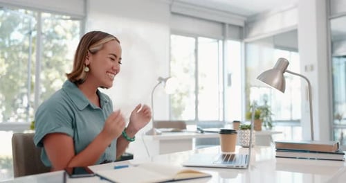 Applause, winner or business woman on laptop for company growth, clapping