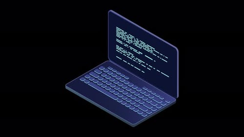 Isometrische Laptop-Animation. Isometrischer 3D-Laptop-Computer. Abstrakte Programmiersprache und Programm