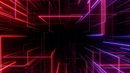 Nahtloser Loop-Hintergrund mit abstraktem digitalen Neonraum aus rosafarbenen, roten und violetten leuchtenden Linien
