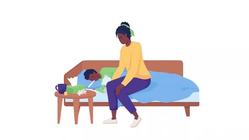 Caring Mother Checks on Sick Child Flat Design Animation